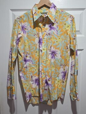 Made on Earth - Men's Floral Button-Up Shirt in Yellow and Purple sz M